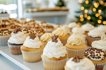 Large assortment of vanilla and chocolate christmas cupcakes with white frosting and star toppings, served on a white platter at a holiday event. Festive catering and party food concept