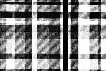 Macro halftone of bold plaid fabric with dark vertical band and shaded checks, black ink textile grid on a transparent background.