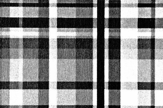 Macro halftone of bold plaid fabric with dark vertical band and shaded checks, black ink textile grid on a transparent background.
