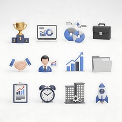 Business icons set featuring leadership analytics management partnership and startup