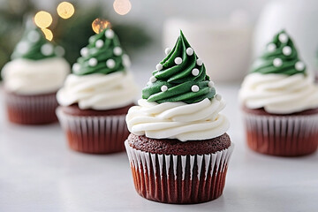 red velvet cupcake with white buttercream and a green glitter christmas tree decoration, red holly sprinkles, and a white star on top, with others blurred in the background. festive holiday dessert co