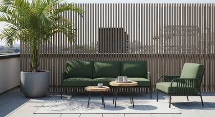 Stylish Patio Setup: Wooden Fence and Seating Area on Sunny Rooftop