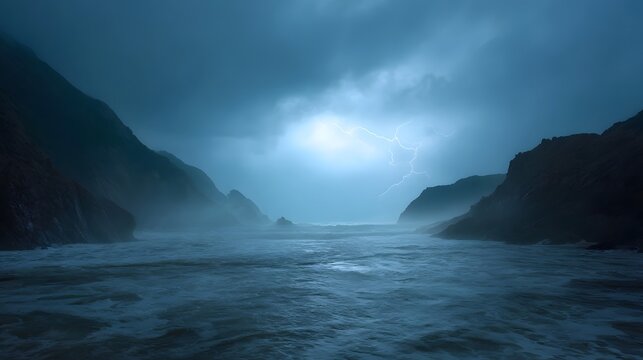 A dramatic lightning strike illuminates a stormy turbulent sea and misty coastline with rugged cliffs - Powered by Adobe