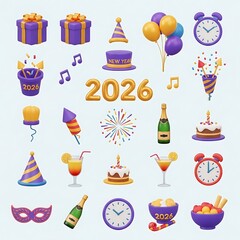 Colorful and playful 3D rendering of various New Years Eve elements