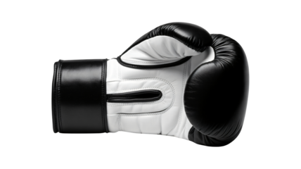 Professional black and white boxing glove represents power, strength and focus for sports advertising or fitness campaign, knockout graphic element