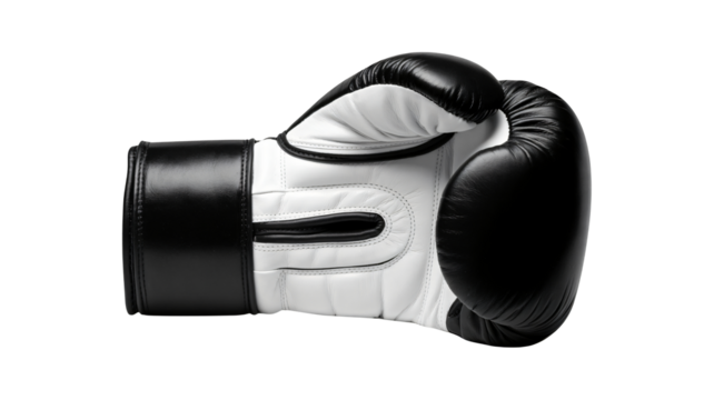 Professional black and white boxing glove represents power, strength and focus for sports advertising or fitness campaign, knockout graphic element - Powered by Adobe