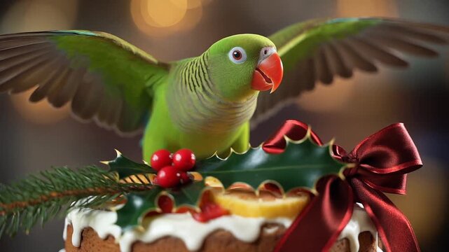 A bright green parrot perched on a fruitcake with Holly leaves and berries. Ai