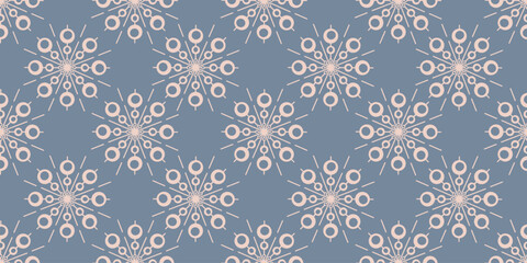 Delicate pastel pink snowflakes on soft blue background forming seamless winter pattern perfect for gentle holiday prints and textile designs