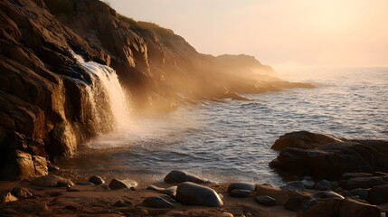 A serene waterfall cascades down rugged coastal cliffs into the ocean during a warm misty sunset