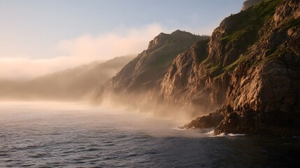 Rugged coastal cliffs bathed in the golden light of sunset with mist rolling in from the sea