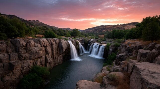 A scenic waterfall cascades over rocky cliffs during a vibrant sunset with a colorful sky - Powered by Adobe