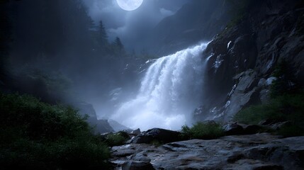 A powerful waterfall cascades over rocky cliffs under a bright full moon on a misty night