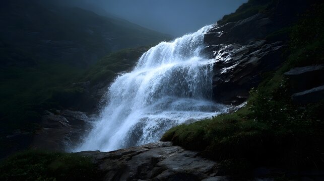 A powerful waterfall cascades down rocky cliffs in a misty natural mountain environment evoking a sense of wild beauty and serenity - Powered by Adobe