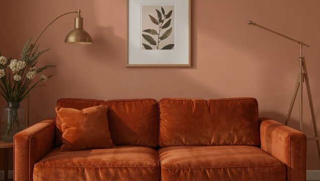A warm and inviting living room featuring a comfortable burnt orange sofa set against a dusty rose wall, creating a modern and cozy atmosphere