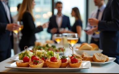 Close up view of catering appetizers and drinks on table with blurred business professionals networking at corporate event in background. High quality