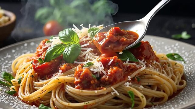 Pouring hot tomato sauce on a plate of fresh spaghetti pasta. A delicious Italian meal garnished with parmesan cheese and basil. Gourmet cooking and comfort food concept