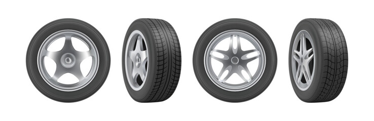 Automobiles rubber wheels with plastic or metal disks. Vector realistic protector for vehicle, front and side views. Maintenance and care for car, transportation equipment or spare wheel