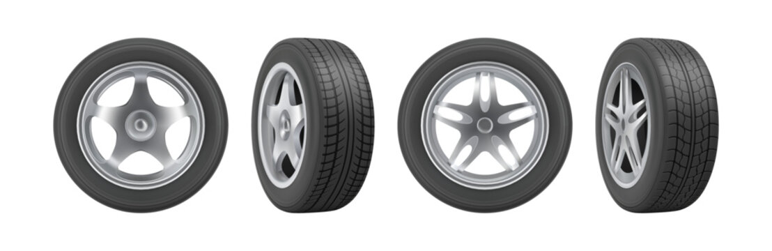 Fototapeta Automobiles rubber wheels with plastic or metal disks. Vector realistic protector for vehicle, front and side views. Maintenance and care for car, transportation equipment or spare wheel