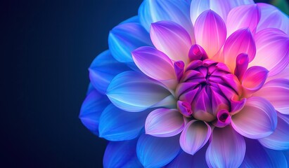Exotic blue and purple dahlia flower close-up on dark background, botanical macro photography with vibrant colors and delicate petals