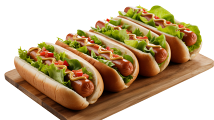 Delicious hot dogs with mustard, lettuce, and tomatoes, perfect for a summer picnic or backyard barbecue, showcasing fresh ingredients and vibrant flavors
