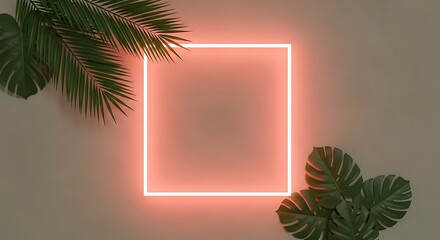 Tropical neon frame with palm and monstera leaves