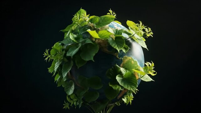 Earth globe with green leaves and plant growth surrounding it symbolizing nature ecology environment conservation and sustainable growth on dark background for global green leaf protection