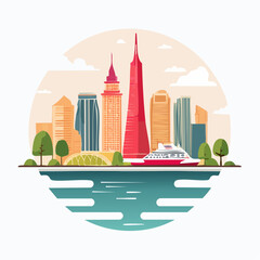 Modern City Skyline With Tall Buildings And A Boat On The Water Under A Cloudy Sky