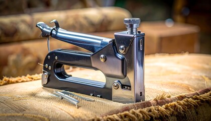 Heavy-duty staple gun on a wooden surface close-up.