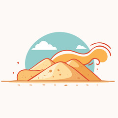 Stylized Illustration of Sandy Hills Under a Light Blue Sky with Clouds and Orange Swirls