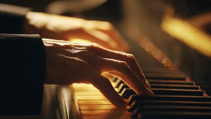 Elegant hands playing grand piano, capturing musical passion and artistry in warm, inviting light