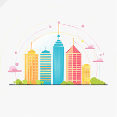 Vibrant Cityscape With Colorful Buildings And Abstract Connections In A Flat Design Style