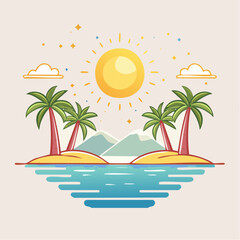 Vibrant Pixel Art Tropical Island Paradise With Palm Trees Under A Bright Sunny Sky And Calm Blue Ocean