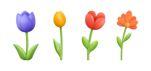 Obraz premium Volumetric flowers in blossom. Vector 3d style, isolated elegant flora in row. Tulip and gerbera, present for holiday. Plasticine craft of floral element. Botany and vegetation of summer or spring