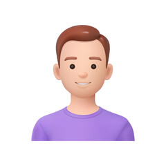 Man personage with smile on face, portrait of male. Vector 3d style, isolated character, student or teen picture for account. Avatar of head, user emoticon or personalized emoji in metaverse