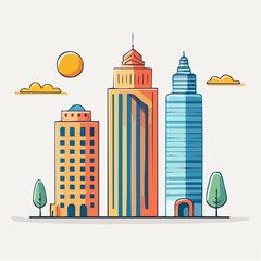 Modern Cityscape With Three Tall Buildings Orange Blue Yellow In Daylight With Sun And Clouds And Green Trees And Minimalist Style