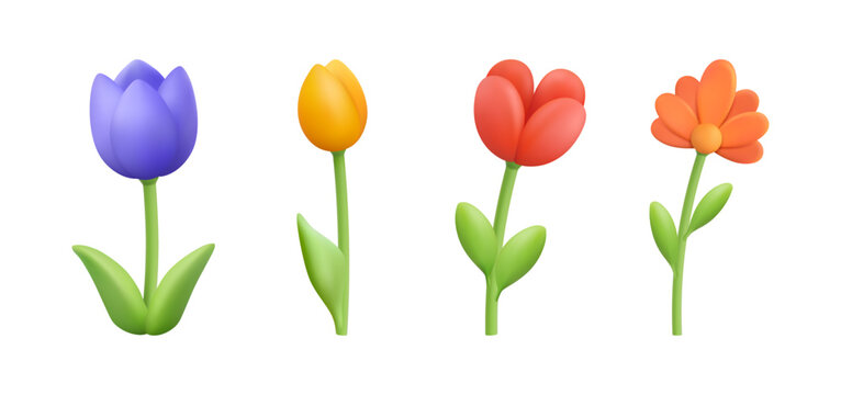 Volumetric flowers in blossom. Vector 3d style, isolated elegant flora in row. Tulip and gerbera, present for holiday. Plasticine craft of floral element. Botany and vegetation of summer or spring