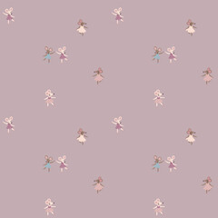 Mouse pattern with cute dancing mice in dresses on mauve background