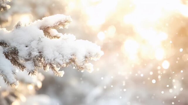snow covered pine tree branches with a bokeh effect background.