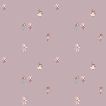 Mouse pattern with cute dancing mice in dresses on mauve background