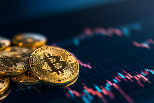 Bitcoin coins on a digital trading background showing market trends