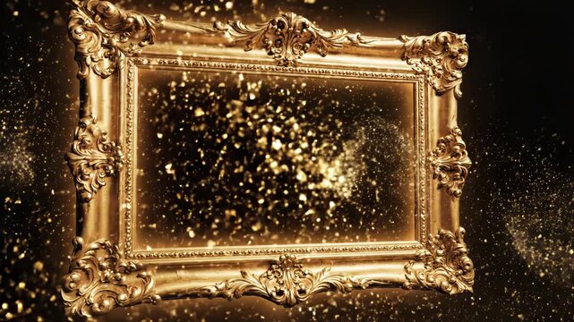 Ornate antique gold picture frame glowing with swirling golden light and sparkling dust particles against a dark background