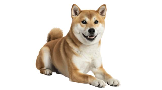 Adorable Shiba Inu dog happily smiling and lying down, bringing a vibrant, cheerful energy to pet-themed designs and marketing. - Powered by Adobe
