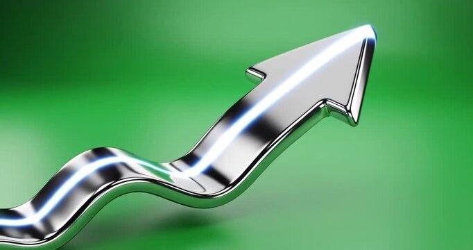 Shiny chrome arrow moving upwards in a wavy motion against a bright green background with lens flare effect
