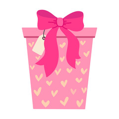 Gift box decorated with soft ribbon bow shown. Festive present illustration in flat style perfect for holiday projects and greeting designs.