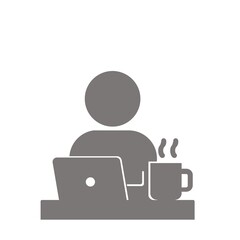 リモートワークをする人物と温かい飲み物(グレー)