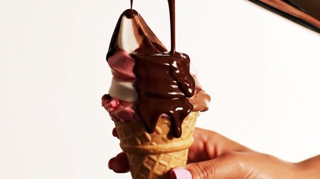 Close-up of molten chocolate sauce being poured over Neapolitan soft serve ice cream in a wafer cone held by a woman's delicate hand