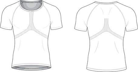 Athletic shirt technical sketch, front and back view, short sleeve design, Y-panel construction, mesh zones, performance wear, contour seam illustration © MstShahida