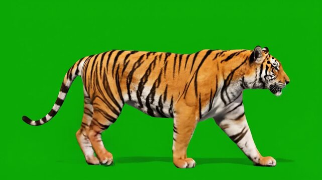 Tiger walking on green background with orange fur and black stripes showing powerful wild animal movement in natural pose combining strength and grace in motion and natural pose