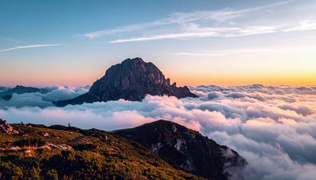 A majestic mountain peak rises above a sea of clouds, illuminated by the warm colors of a sunset.