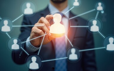 HR - Human resources management and recruitment concept. Double exposure people network structure. High quality